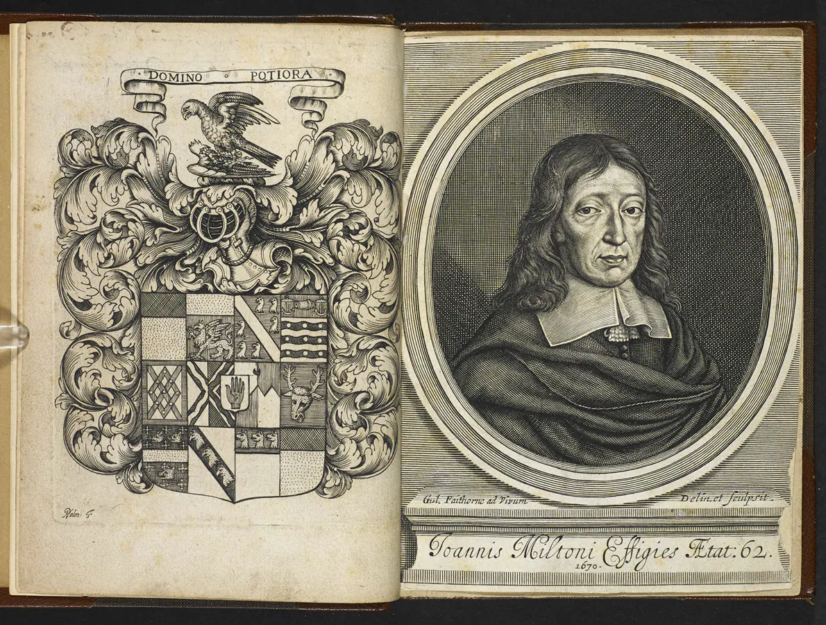 The front pages of a 1668 editon of “Paradise Lost”, with an adapted title page and a later engraving of the work’s author, John Milton, by William Faithorne. (Public Domain) 