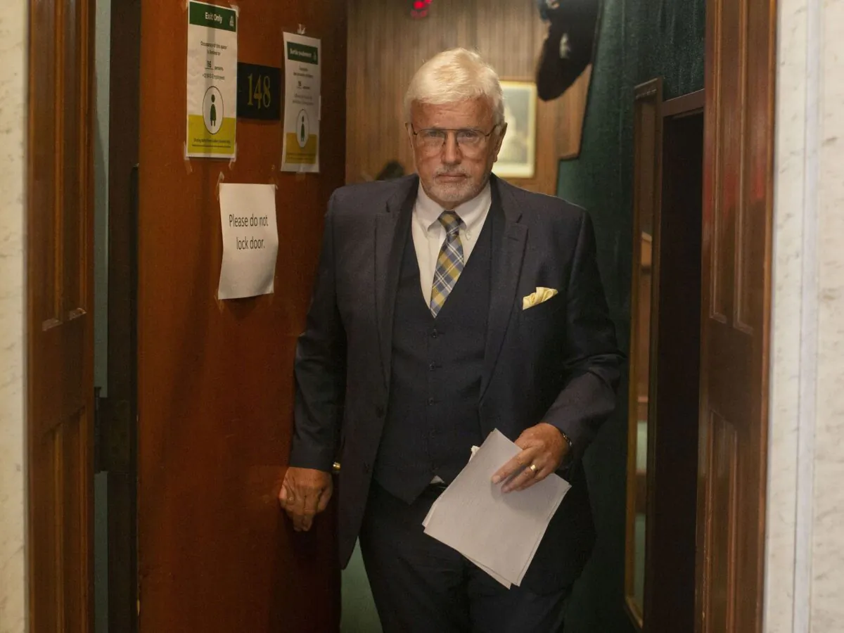 Ontario PC MPP Rick Nicholls leaves a news conference at the Queens Park Legislature in Toronto on Aug. 19, 2021, after announcing he would not get vaccinated against COVID-19. Nicholls was kicked out of the caucus the same day. (The Canadian Press/Chris Young)