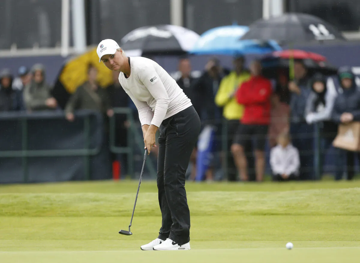 Swedden's Anna Nordqvist in action during the third round at Carnoustie, Scotland, Britain on Aug. 21, 2021.(Craig Brough/Reuters)