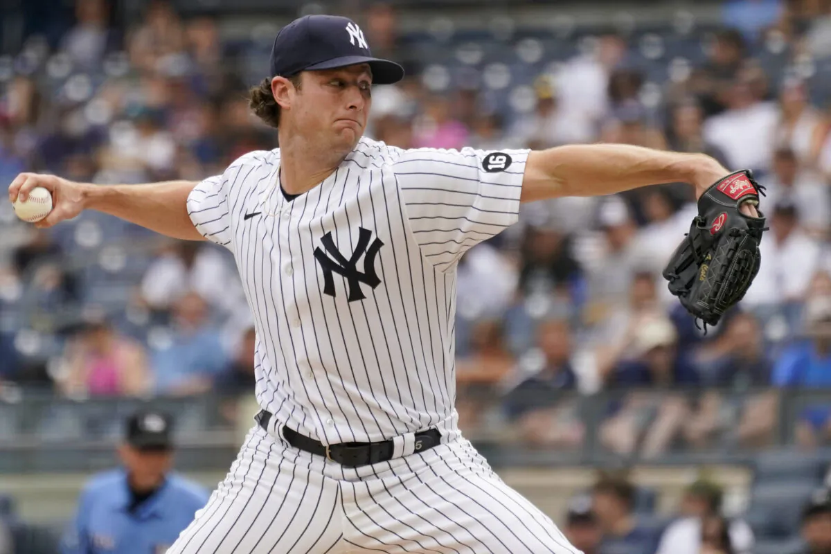 New York Yankees pitcher Gerrit Cole delivers against the Minnesota Twins in the first inning of a baseball game in New York, on Aug. 21, 2021. (Mary Altaffer/AP Photo)