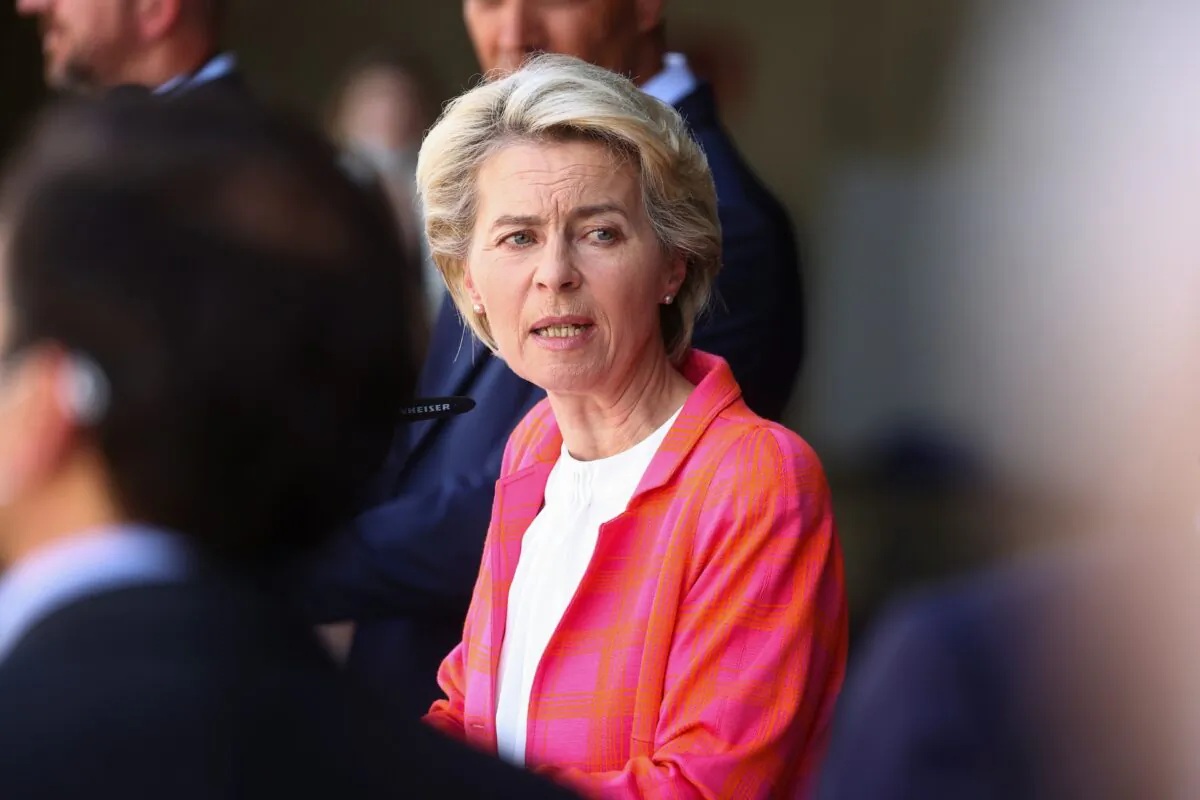 President of the European Commission Ursula Von der Leyen speaks as she attends a news conference at Torrejon Air Base in Torrejon de Ardoz, near Madrid, Spain, on Aug. 21, 2021. (Juan Medina /Reuters)