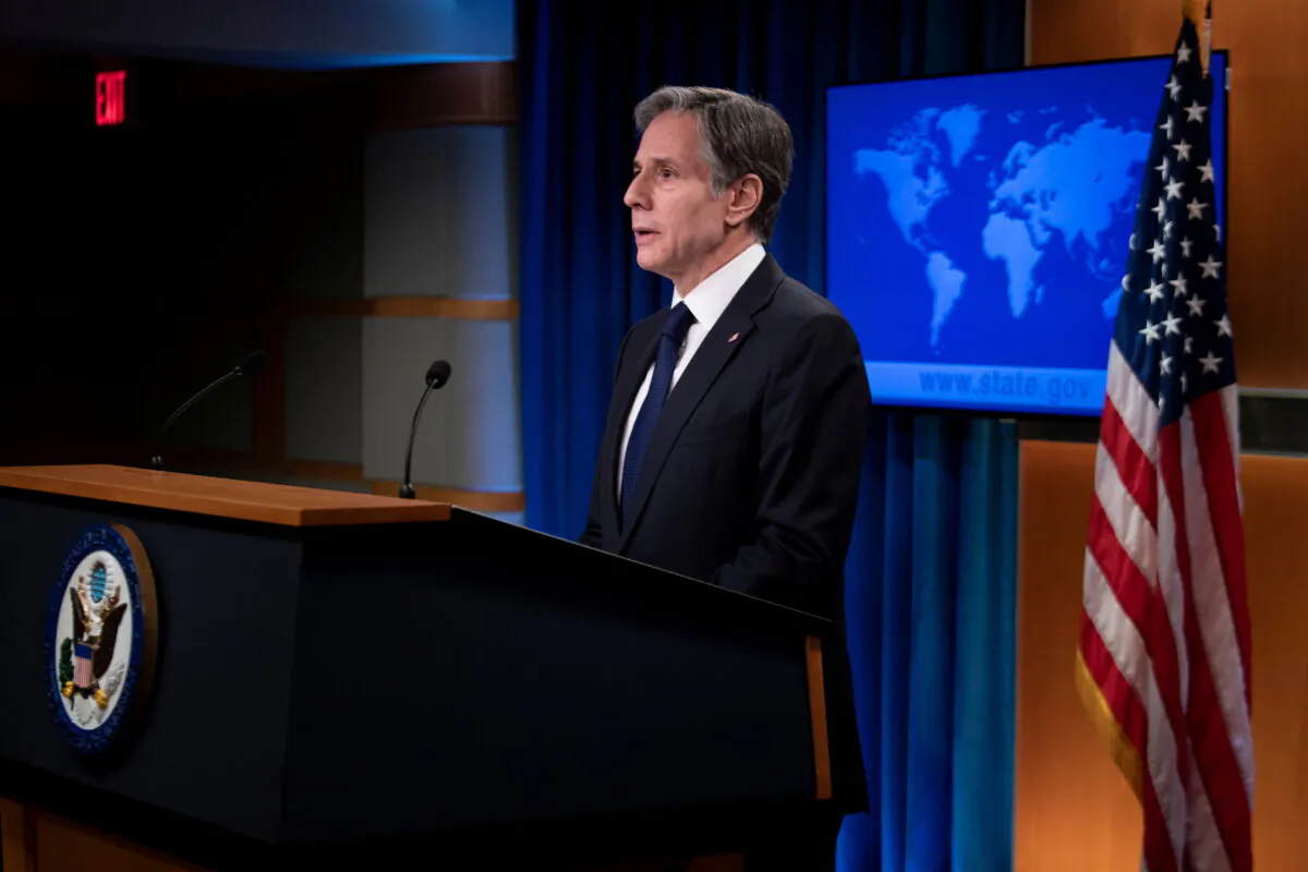 U.S. Secretary of State Antony Blinken speaks about refugee programs for Afghans who aided the U.S. during a briefing at the State Department in Washington, on Aug. 2, 2021. (Brendan Smialowski/Pool via Reuters)