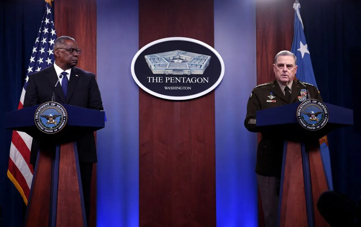 Defense Secretary Lloyd Austin (L) and Joint Chiefs Chairman Gen. Mark Milley hold a press conference about the situation in Afghanistan, at the Pentagon in Washington, on Aug. 18, 2021. (Olivier Douliery/AFP via Getty Images)