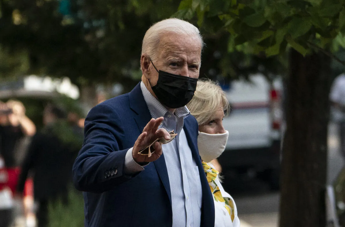 U.S. President Joe Biden and First Lady Jill Biden depart after a service at the Holy Trinity church in the Georgetown neighborhood in Washington on Aug. 21, 2021. (Andrew Caballero-Reynolds/AFP via Getty Images)