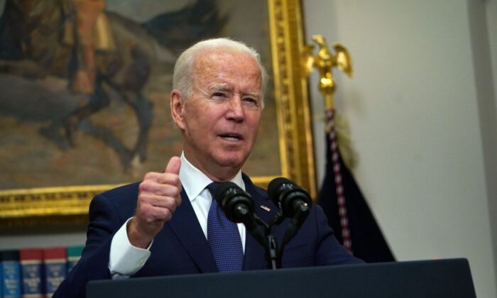 President Joe Biden speaks during an update on the situation in Afghanistan and the effects of Tropical Storm Henri at the White House on Aug. 22, 2021. (Andrew Caballero-Reynolds/AFP via Getty Images)