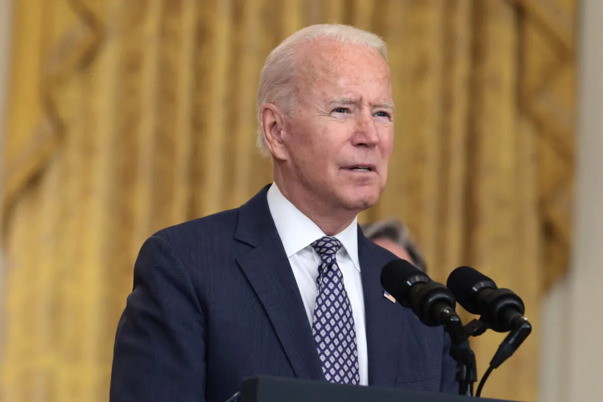President Joe Biden gestures as he delivers remarks on the U.S. military’s ongoing evacuation efforts in Afghanistan in the White House on Aug. 20, 2021. (Anna Moneymaker/Getty Images)