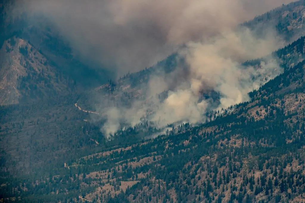 A wildfire burns in the mountains above Lytton, B.C., on July 1, 2021. ( The Canadian Press/Darryl Dyck)