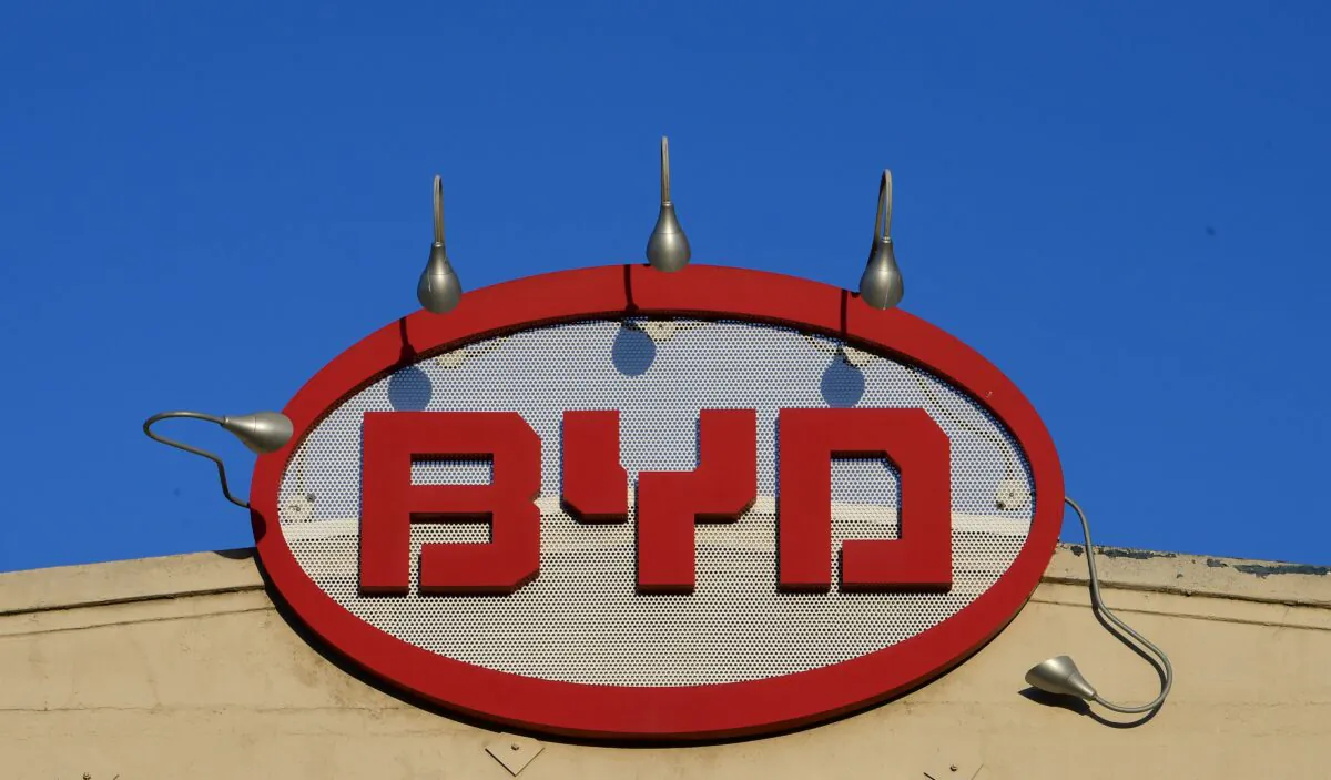 The BYD logo is pictured on top of its office in Los Angeles, California on May 13, 2020. (FREDERIC J. BROWN/AFP via Getty Images)