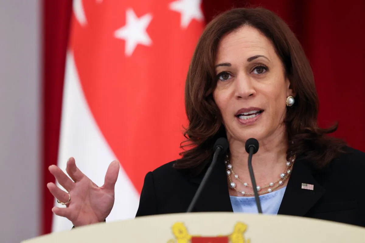 Vice President Kamala Harris speaks during a joint news conference with Singapore's Prime Minister Lee Hsien Loong in Singapore on Aug. 23, 2021. (Evelyn Hockstein/POOL/AFP via Getty Images)