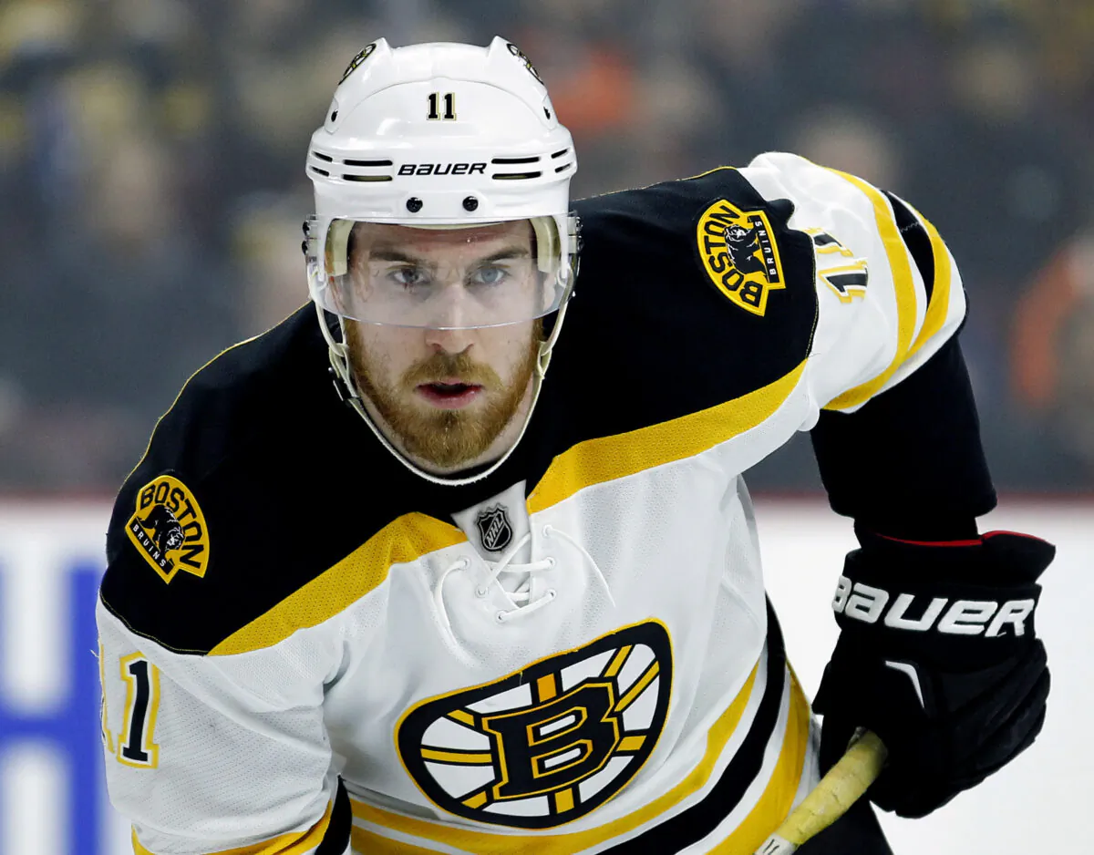 Boston Bruins' Jimmy Hayes looks on during an NHL hockey game against the Philadelphia Flyers in Philadelphia, Pa., on Jan. 13, 2016. (Tom Mihalek/AP Photo)