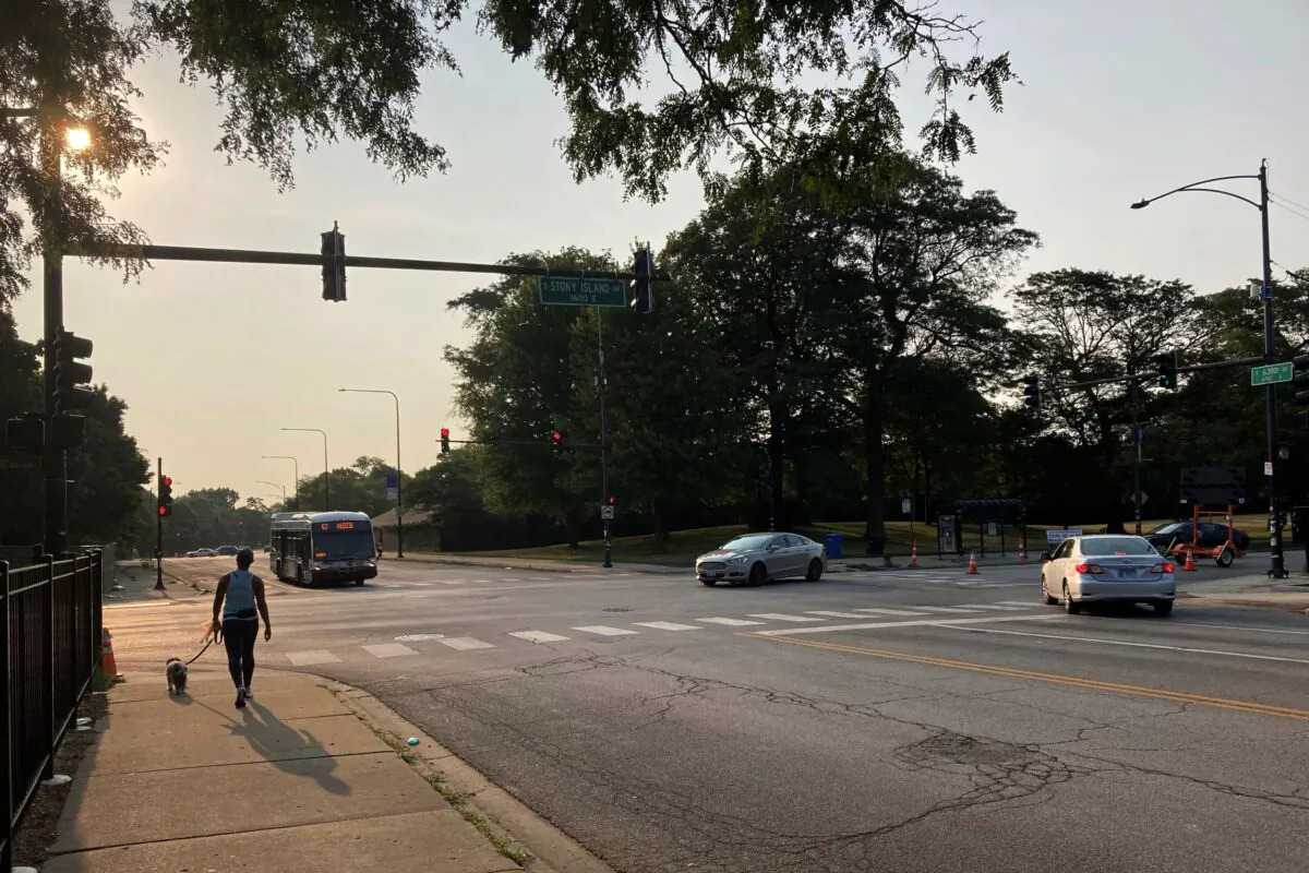 A pedestrian walks with a dog at the intersection of South Stony Island Avenue and East 63rd Street where the ShotSpotter technology is in use above the crossroads in Chicago, Ill., on Aug. 10, 2021. (Charles Rex Arbogast/AP Photo)