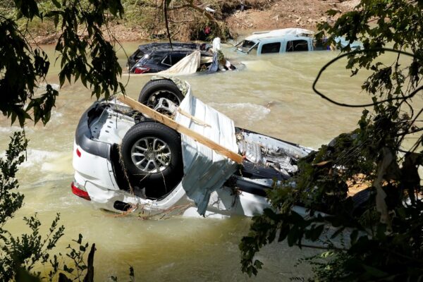 Vehicles rest in a stream