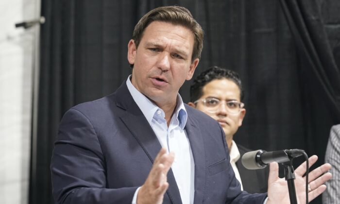 Florida Gov. Ron DeSantis speaks at the opening of a monoclonal antibody site in Pembroke Pines, Fla., on Aug. 18, 2021. (Marta Lavandier/AP Photo)