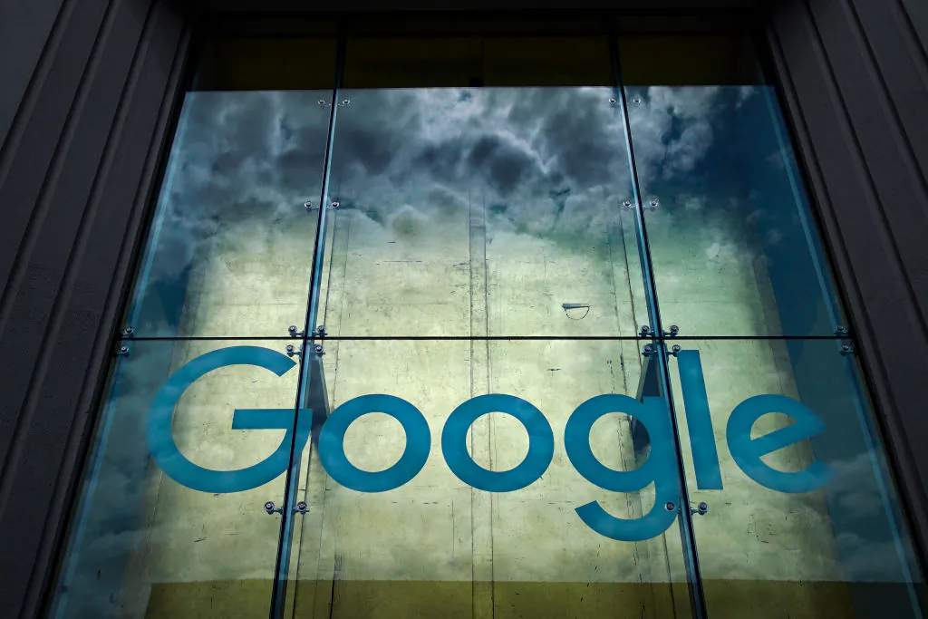 The Google logo adorns the outside of their NYC office Google Building 8510 at 85 10th Ave on June 3, 2019 in New York City. (Drew Angerer/Getty Images)