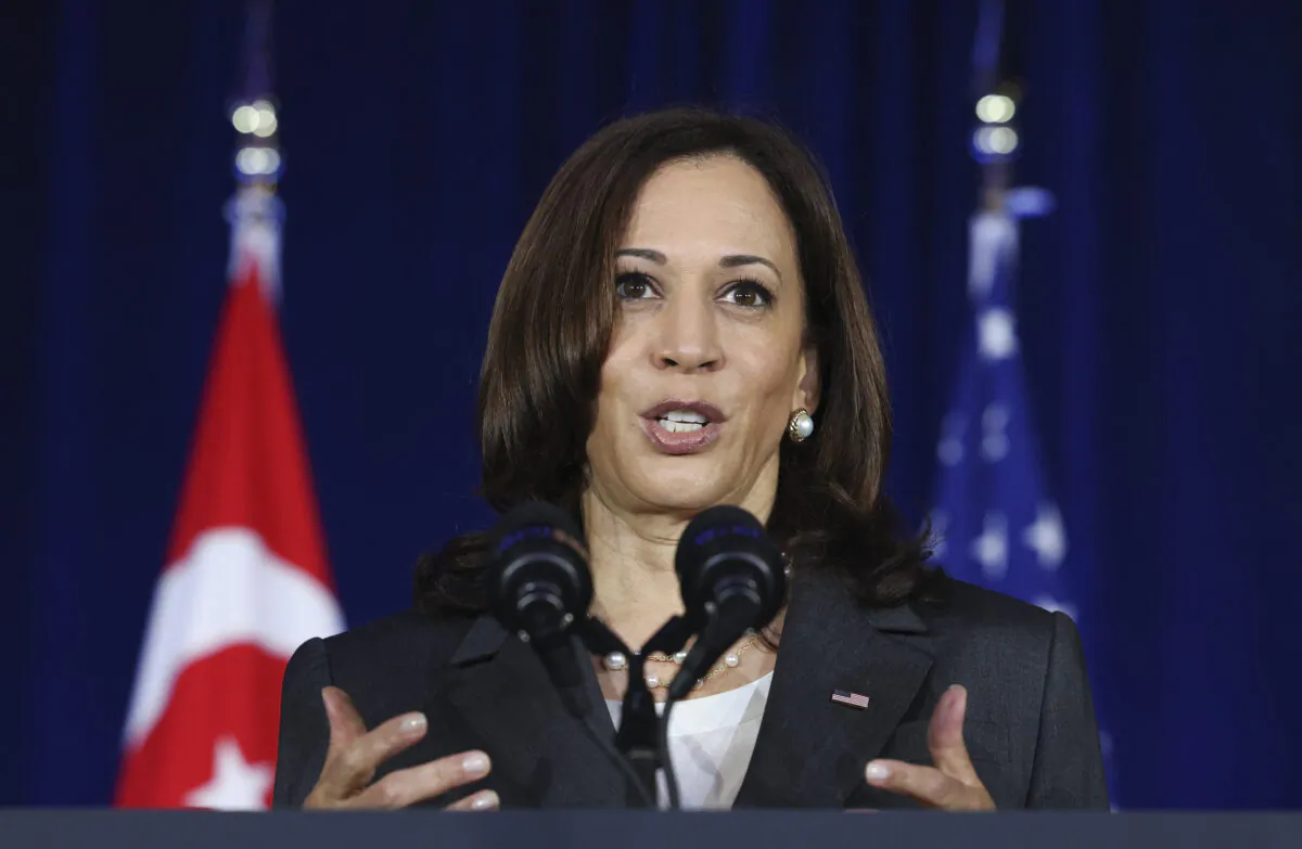 U.S. Vice President Kamala Harris delivers a speech at Gardens by the Bay in Singapore on Aug. 24, 2021. (Evelyn Hockstein/POOL/AFP via Getty Images)
