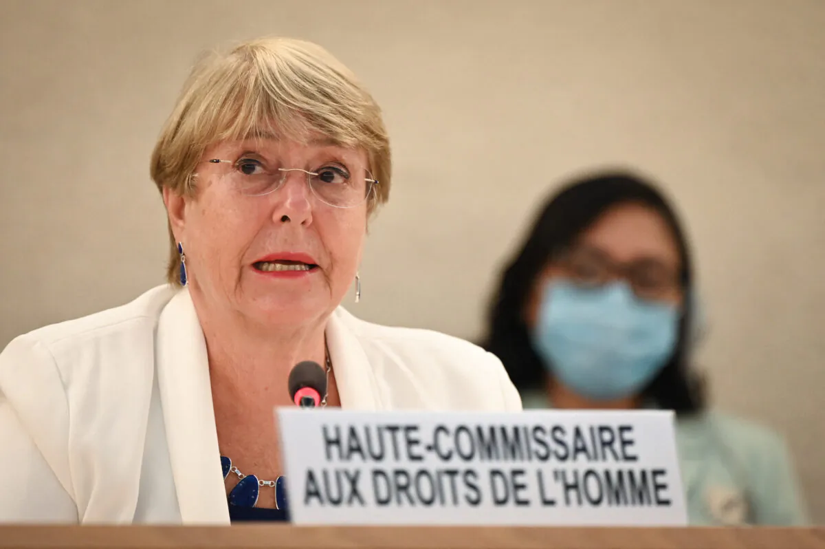 United Nations High Commissioner for Human Rights Michelle Bachelet delivers a speech at the opening of a special session of the UN Human Rights Council on Afghanistan in Geneva on Aug. 24, 2021. (Fabrice Coffrini/AFP via Getty Images)