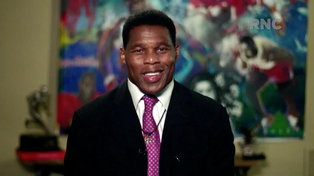 Former NFL player Herschel Walker speaks by video feed during the largely virtual 2020 Republican National Convention broadcast from Washington, on Aug. 24, 2020. Walker has been endorsed by former President Donald Trump for the U.S. Senate. (2020 Republican National Convention/Handout via Reuters)