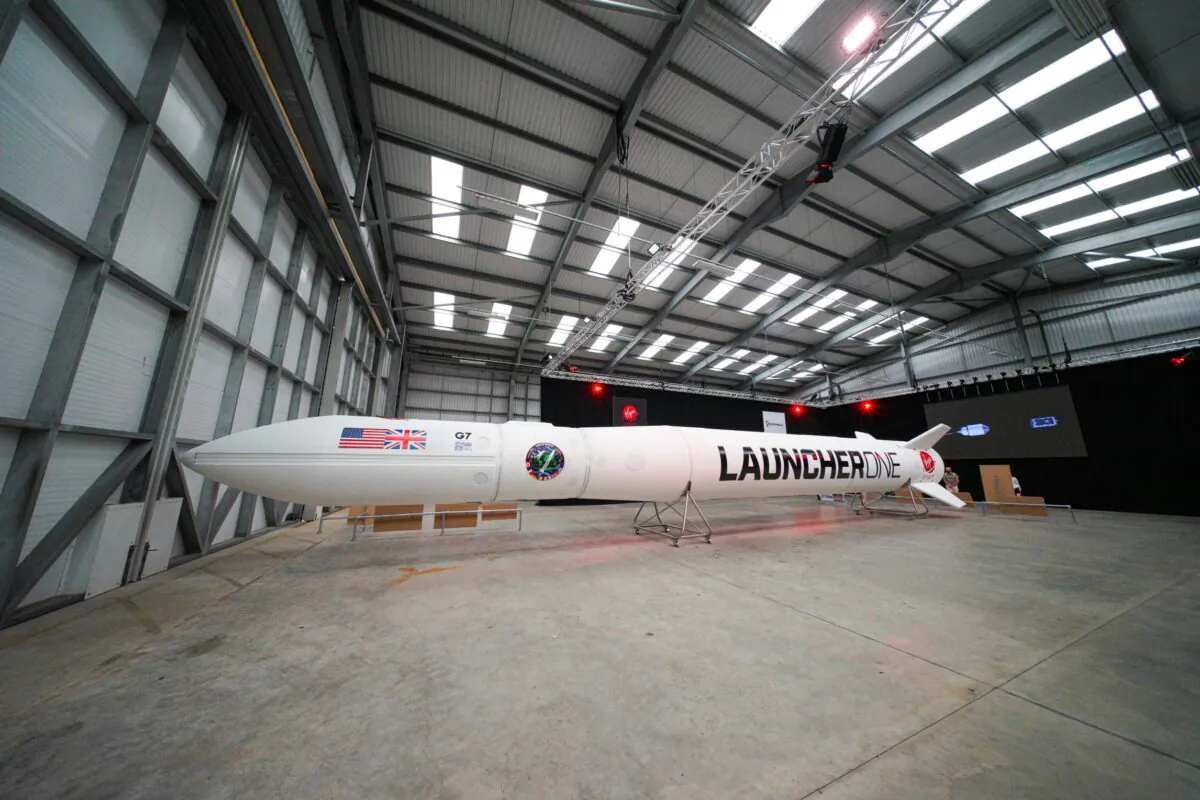 The Virgin Orbit Launcher One rocket is displayed at Spaceport Cornwall in Newquay, England, on Aug 2, 2021. (Hugh Hastings/Getty Images)
