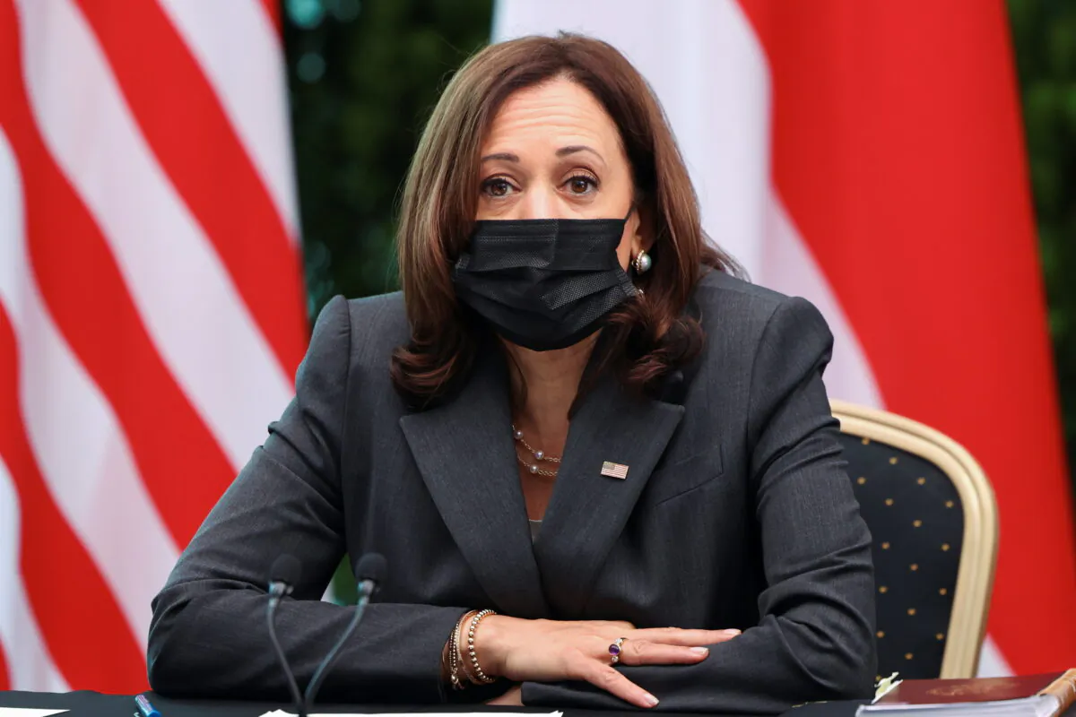 Vice President Kamala Harris attends a roundtable at Gardens by the Bay in Singapore before departing for Vietnam on the second leg of her Asia trip on Aug., 24, 2021. (Evelyn Hockstein/Pool via Reuters)