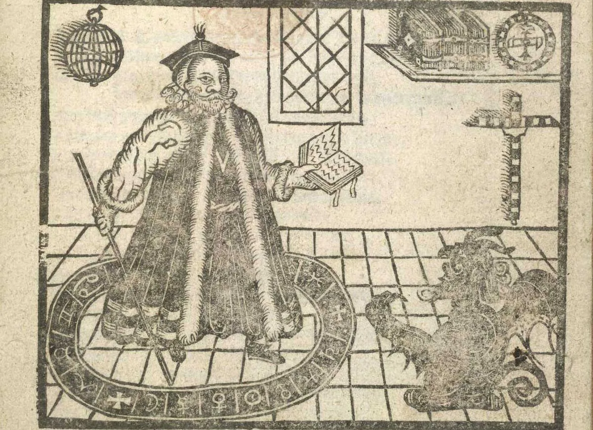 A woodcut illustration of Doctor Faustus and a devil from title page of a 1620 edition of Christopher Marlowe's “The Tragical History of Doctor Faustus.” (Public Domain)