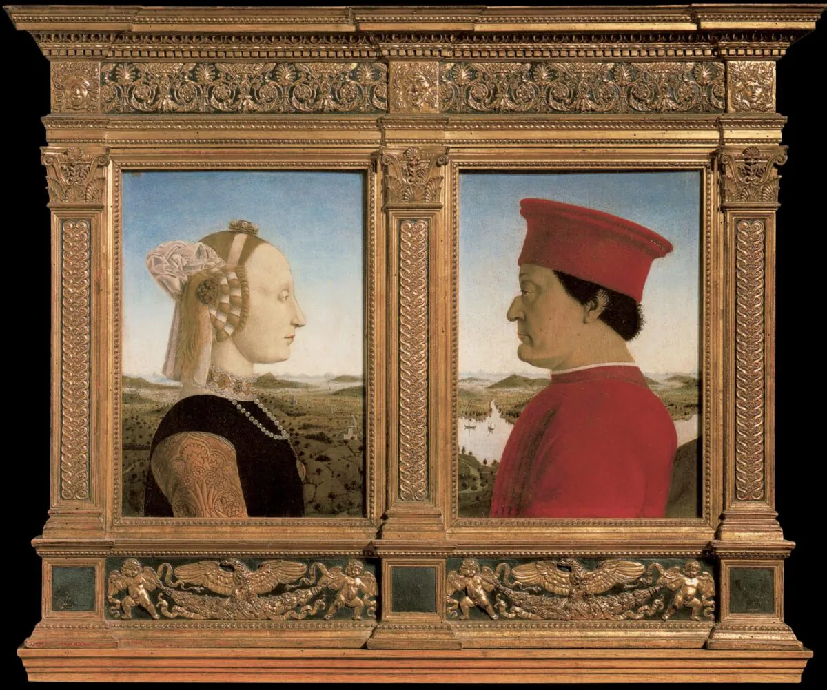 Portrait of Battista Sforza and Federico da Montefeltro, circa 1473–1475, by Piero della Francesca. Oil on wood; 19 inches by 13 inches per panel. Uffizi Gallery. (Public Domain)