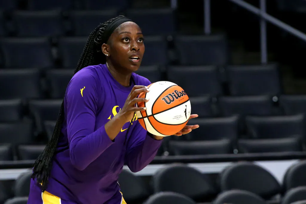 Chiney Ogwumike #13 of the Los Angeles Sparks warms up ahead of a game at Staples Center in Los Angeles on Aug. 17, 2021. (Katharine Lotze/Getty Images)