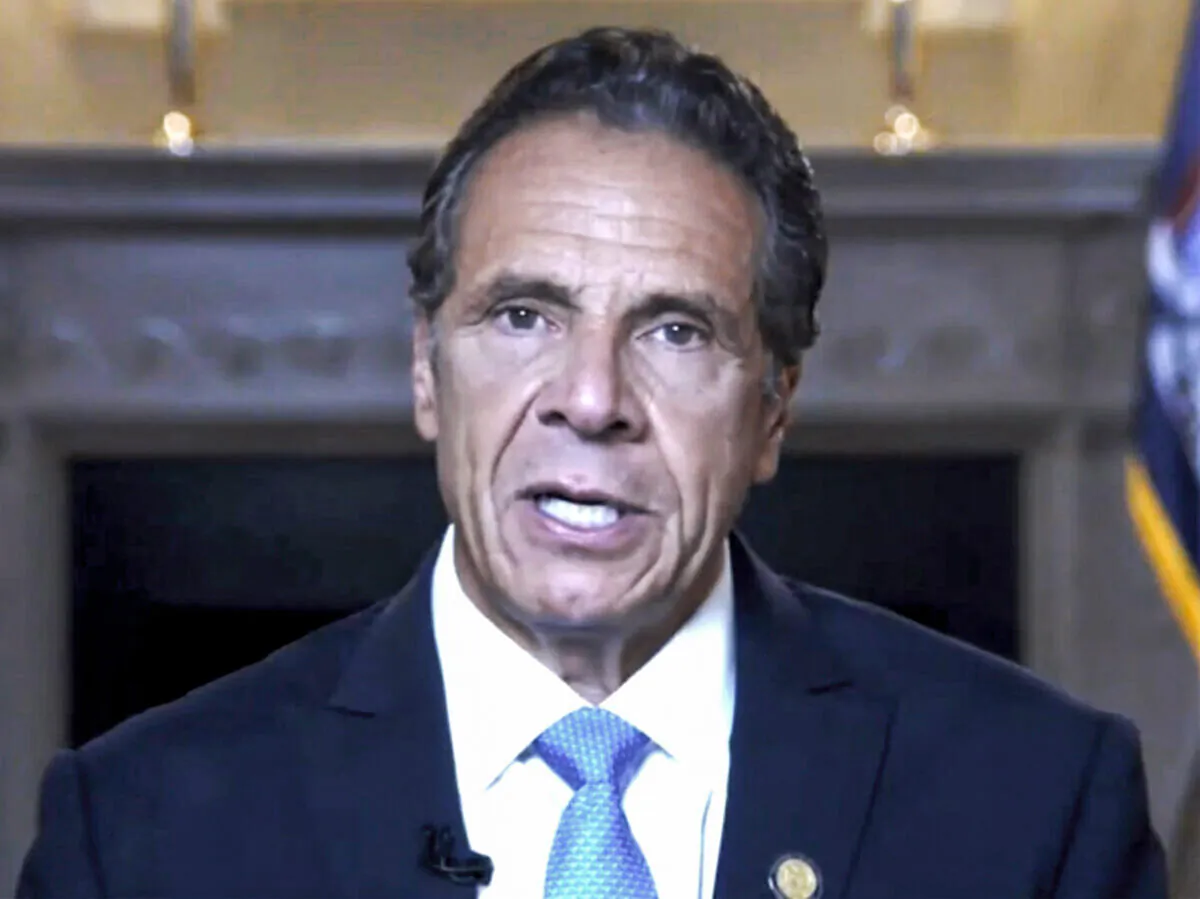 New York Governor Andrew Cuomo gives a farewell speech via online video in New York on Aug. 23, 2021. (New York Governor’s Office via AP)