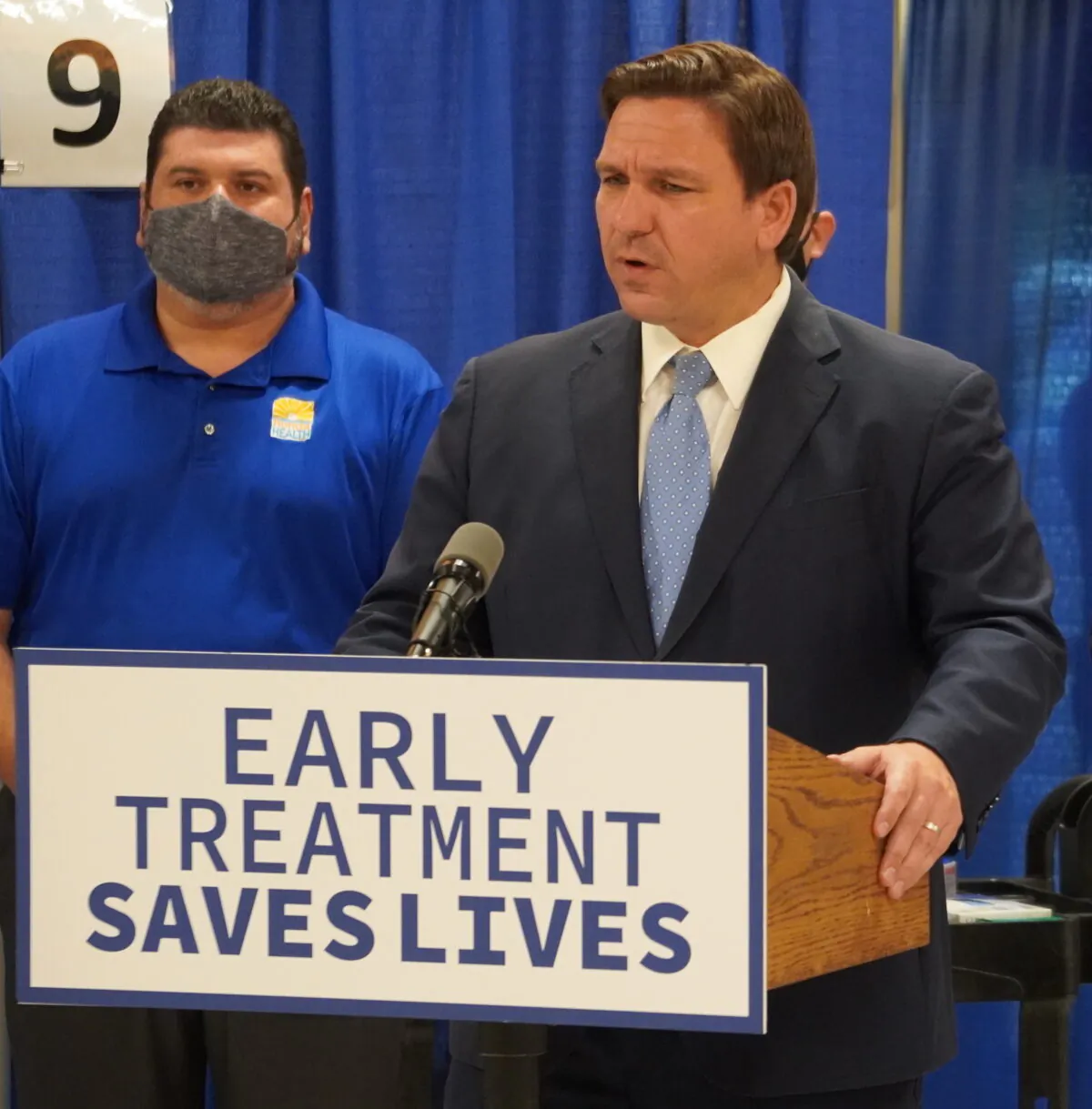 Florida Governor Ron DeSantis speaks to reporters during a press conference opening up an infusion site in Charlotte County, Fla. (Jann Falkenstern)