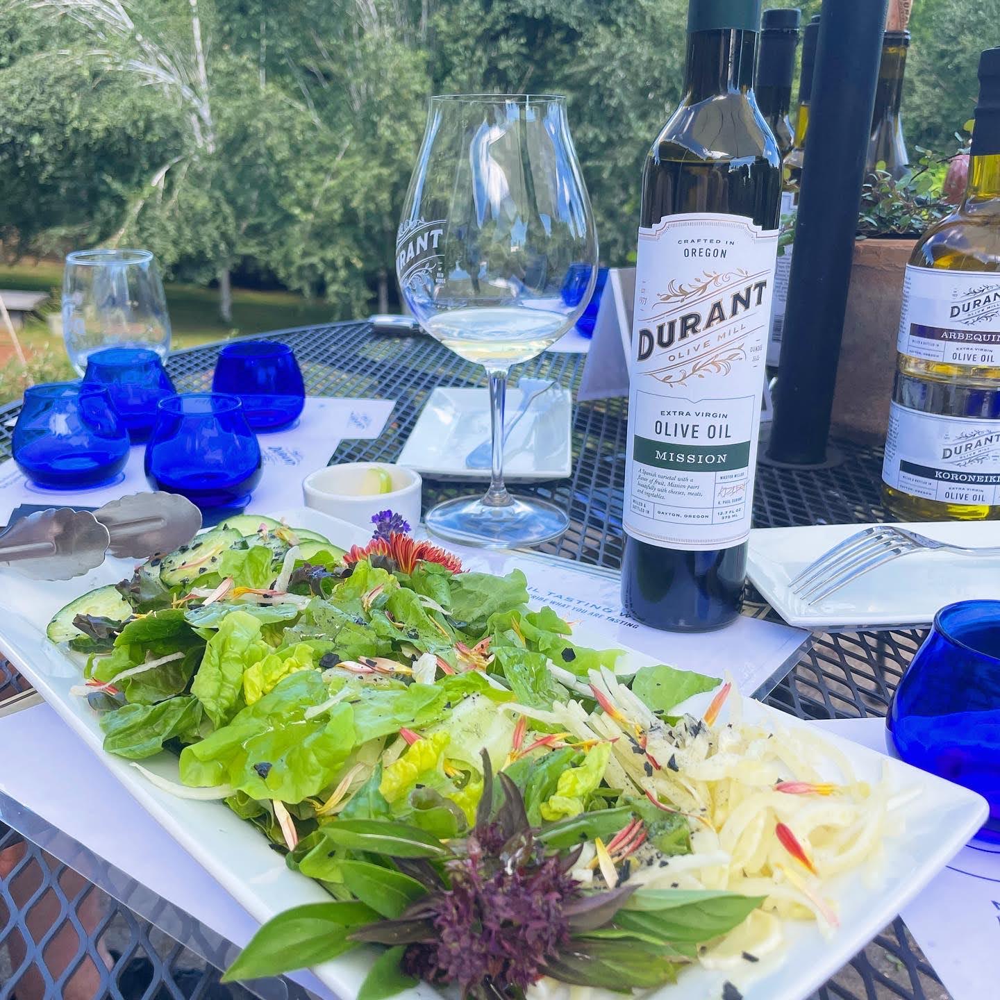 Salads dressed with olive oil grown onsite and served at the family-run Durant Estate in Oregon’s Willamette Valley. (Courtesy of Durant Estate)