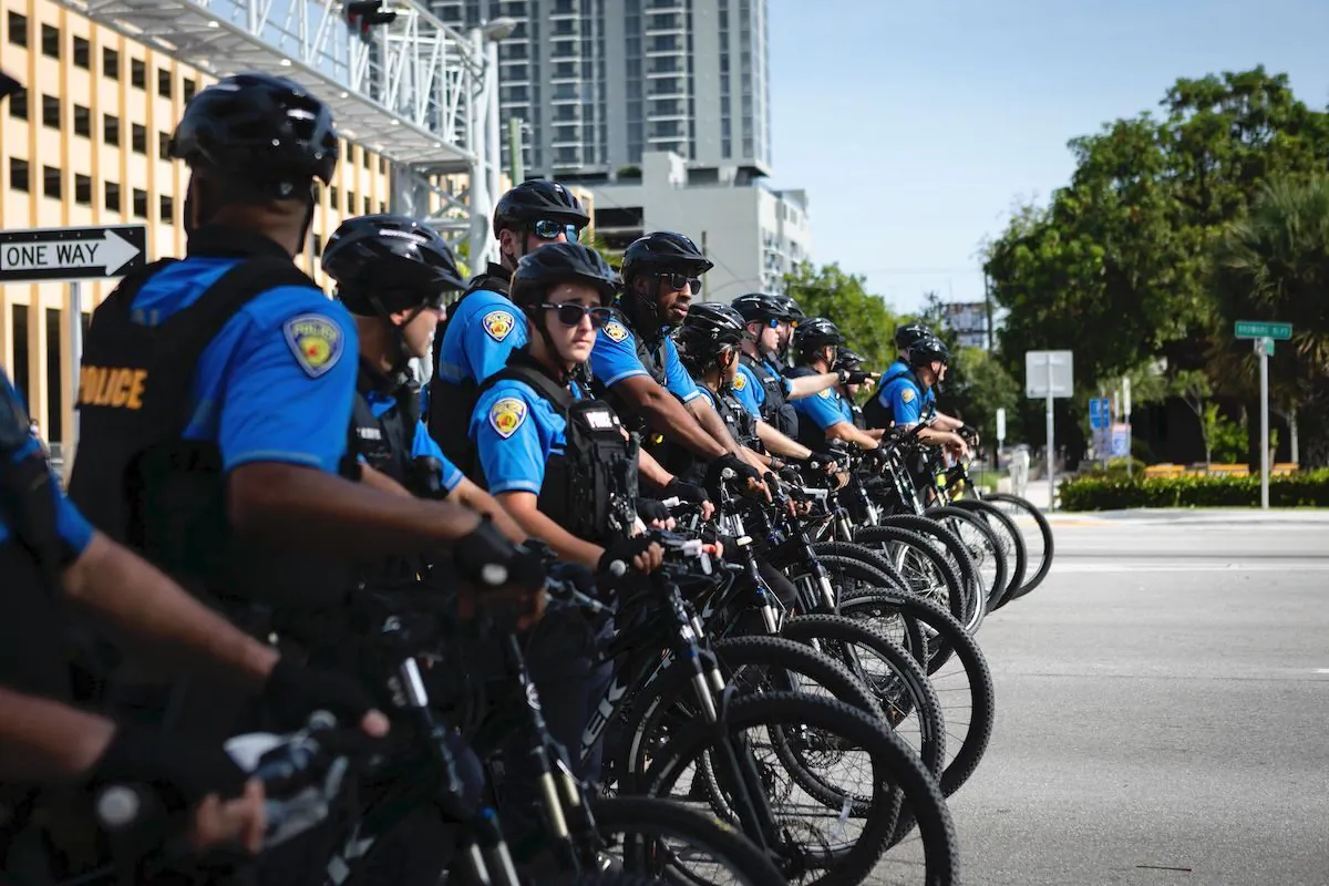 A row of police cyclists is seen during a rally in Fort Lauderdale, Florida on May 31, 2020. (Eva Marie Uzcategui/AFP via Getty Images)