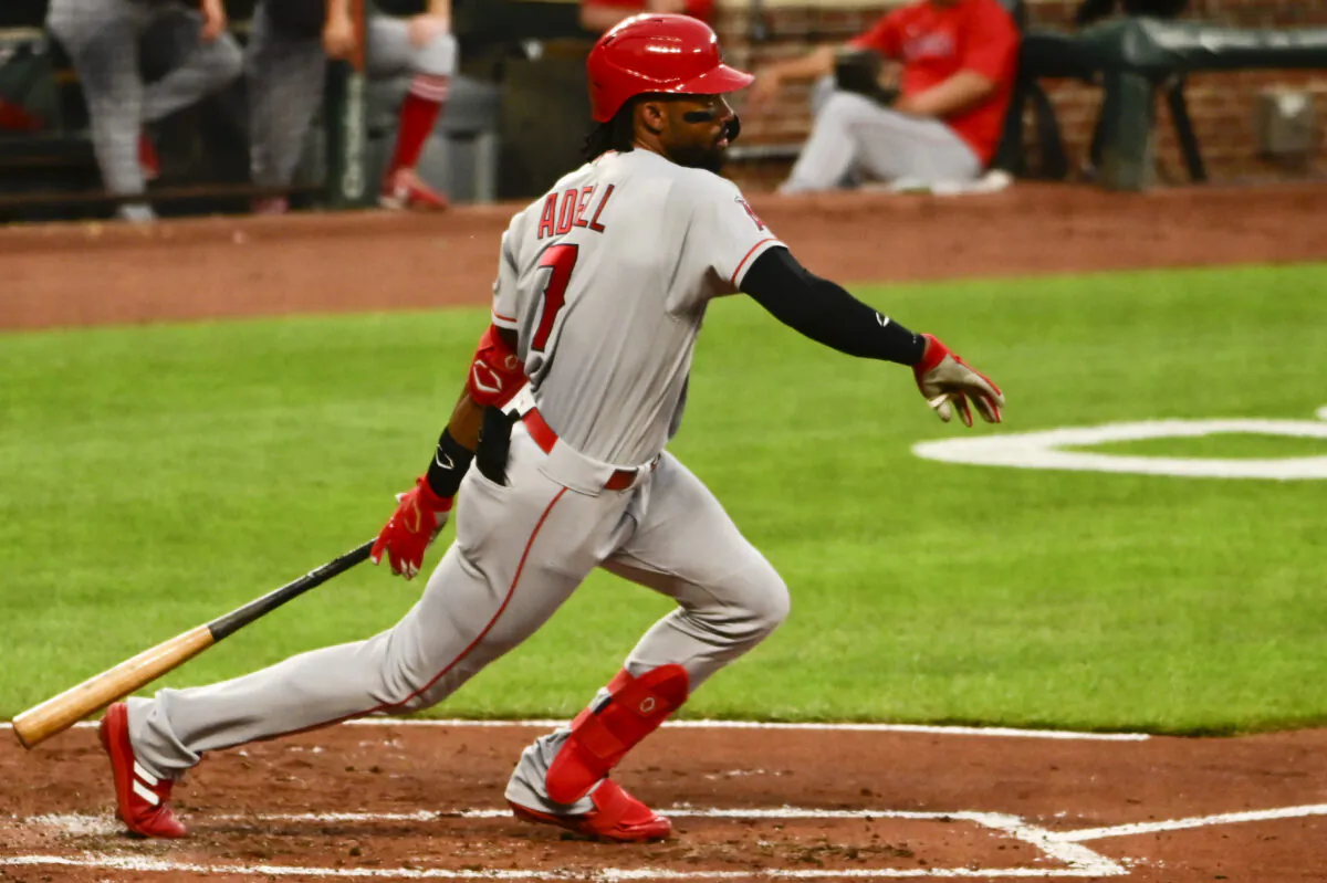 Los Angeles Angels center fielder Jo Adell (7) hits as rbi triple during the second inning 
against the Baltimore Orioles at Oriole Park at Camden Yards in Baltimore, Md., on Aug 24, 2021, (Tommy Gilligan/USA TODAY Sports via Reuters)