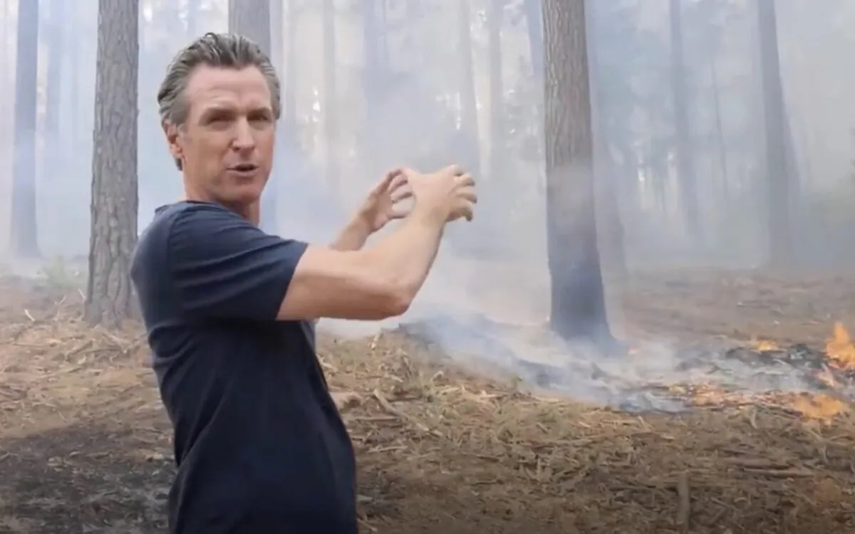 California Gov. Gavin Newsom gestures toward the Caldor fire in a video released by his office on Aug. 24, 2021. (Office of the Governor/Screenshot via The Epoch Times)