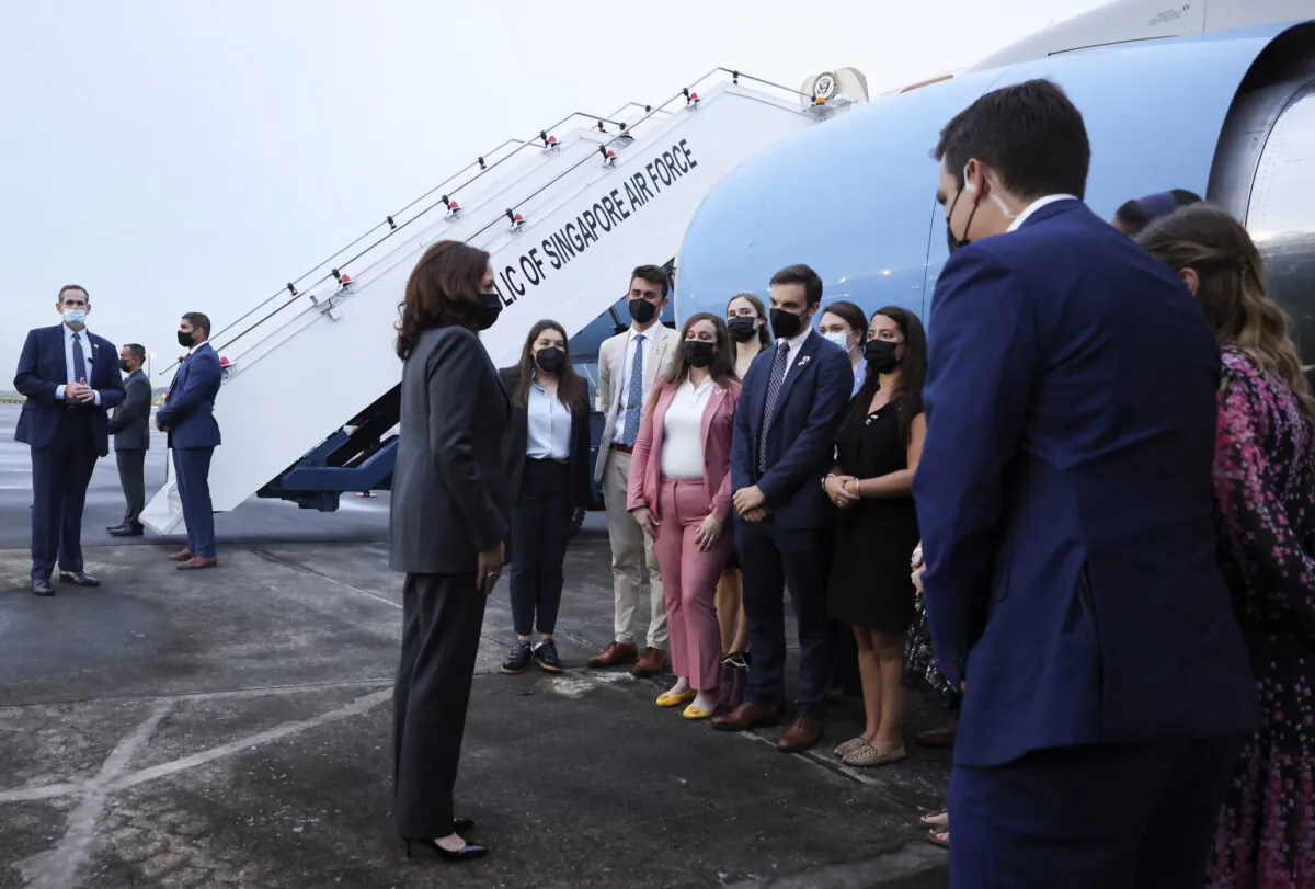 United States Vice President Kamala Harris departs Singapore for Vietnam, on Aug. 24, 2021. (Evelyn Hockstein/Pool Photo via AP)