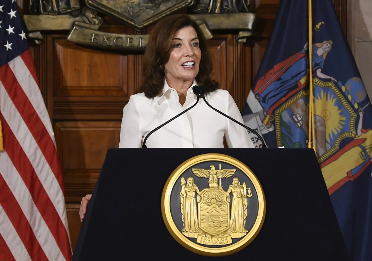 New York Gov. Kathy Hochul speaks to reporters after a ceremonial swearing-in ceremony at the state Capitol in Albany, N.Y., on Aug. 24, 2021. (Hans Pennink/AP Photo)