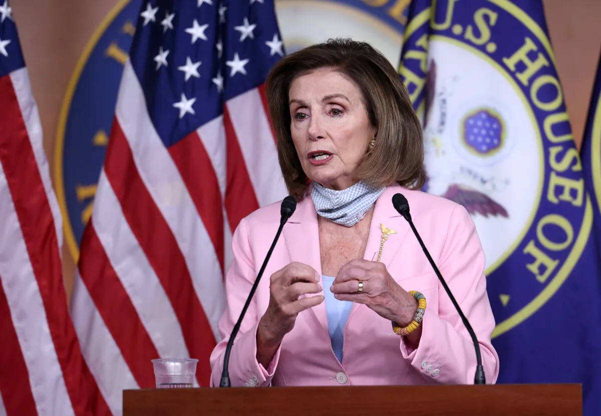 House Speaker Nancy Pelosi (D-Calif.) speaks to reporters in Washington on Aug. 25, 2021. (Kevin Dietsch/Getty Images)