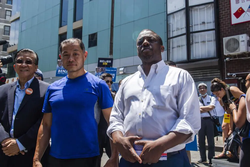 New York State Senator Brian Benjamin, right, and State Senator John Liu, second from left, attend the "Voting is Justice Rally," in New York, on June 20, 2021. (Brittainy Newman/AP Photo)