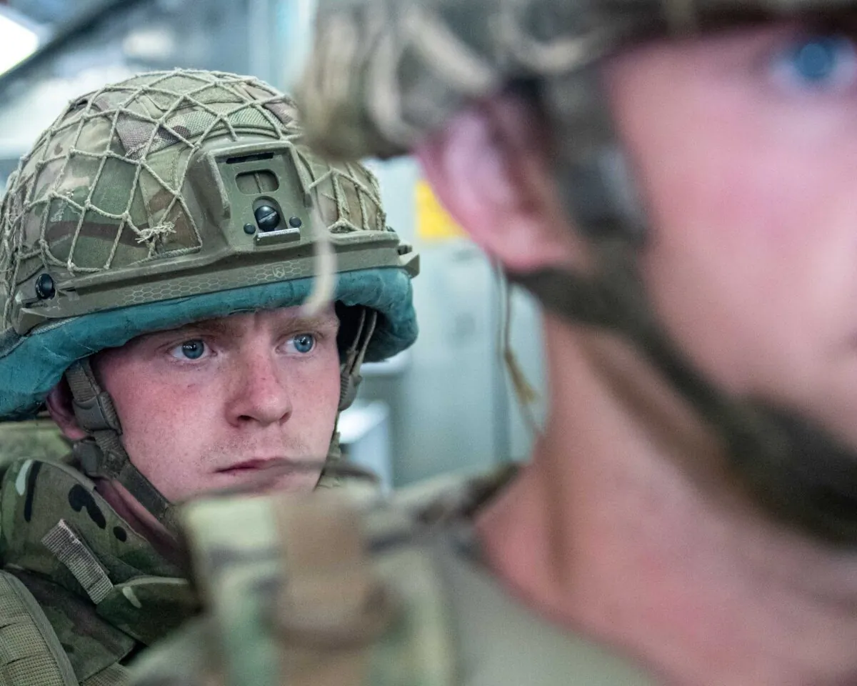 A member of British Forces from 16 Air Assault Brigade looks on upon arrival in Kabul, Afghanistan, to provide support to British nationals leaving the country, as part of Operation PITTING after Taliban insurgents took control of the presidential palace in Kabul, on Aug. 15, 2021. (Leading Hand Ben Shread/RAF/UK Ministry of Defence/Handout via Reuters)