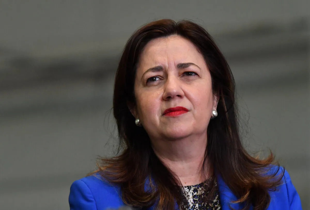 Queensland Premier Annastacia Palaszczuk is seen during a press conference at the Brisbane Convention and Exhibition Centre in Brisbane, Australia, Aug. 11, 2021. (AAP Image/Darren England)
