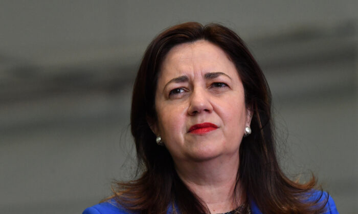 Queensland Premier Annastacia Palaszczuk is seen during a press conference at the  Brisbane Convention and Exhibition Centre in Brisbane, Australia, Aug. 11, 2021. (AAP Image/Darren England) 