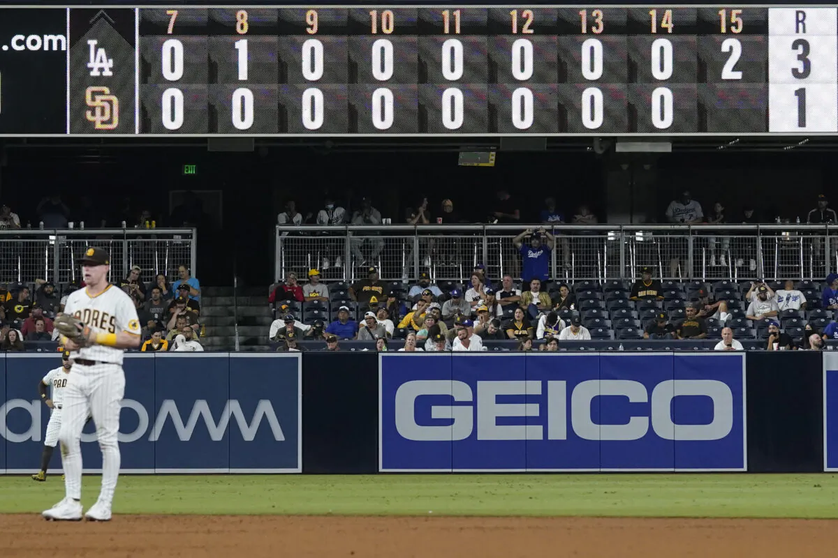 The San Diego Padres play the Los Angeles Dodgers during the fifteenth inning of a baseball game in San Diego, Calif. on Aug. 26, 2021. (AP Photo/Gregory Bull)