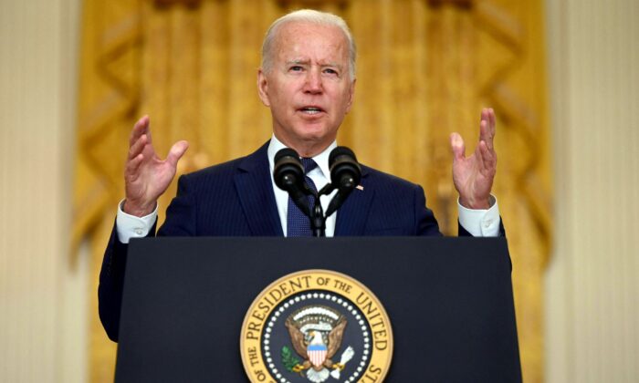 President Joe Biden delivers remarks on the terror attack at Hamid Karzai International Airport, and the U.S. service members and Afghan victims killed and wounded, in the East Room of the White House, Washington, on Aug. 26, 2021. (Jim Watson/AFP via Getty Images)