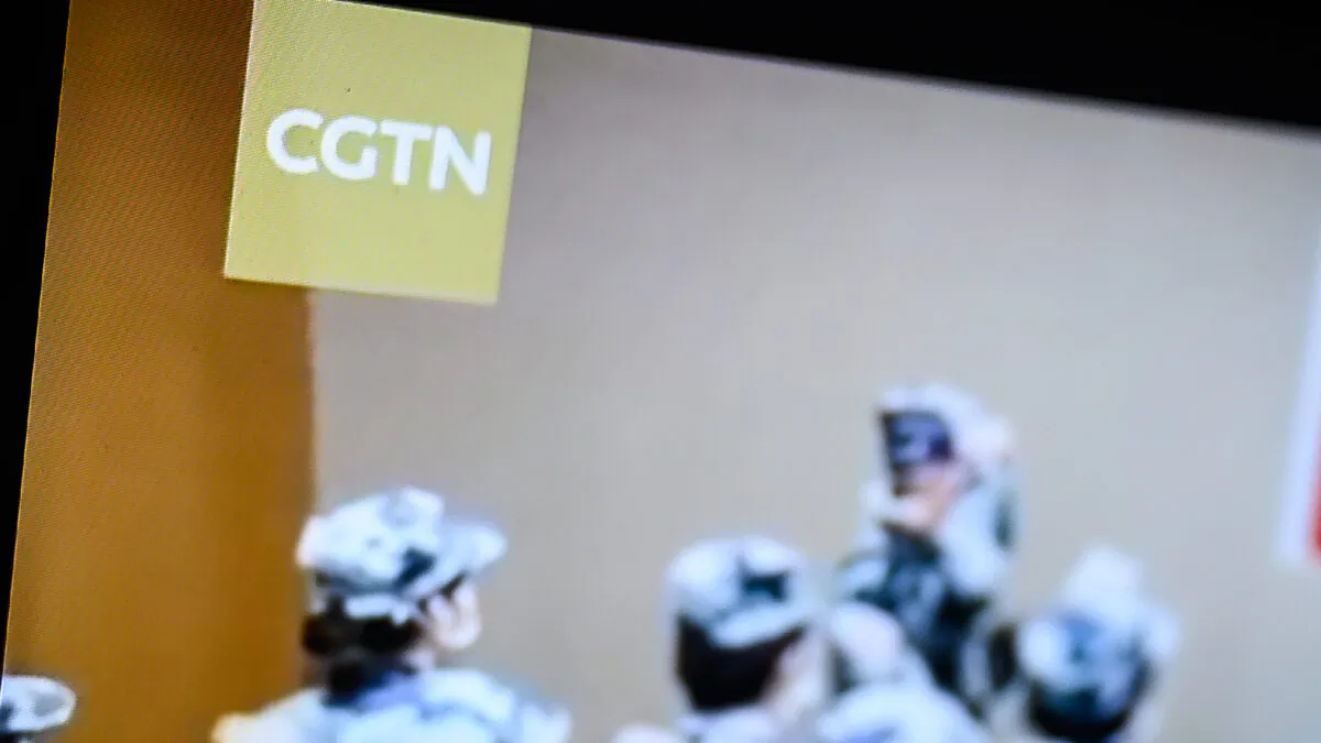 The logo of CGTN is displayed on a computer monitor in London, on Feb. 4, 2021. (Leon Neal/Getty Images)