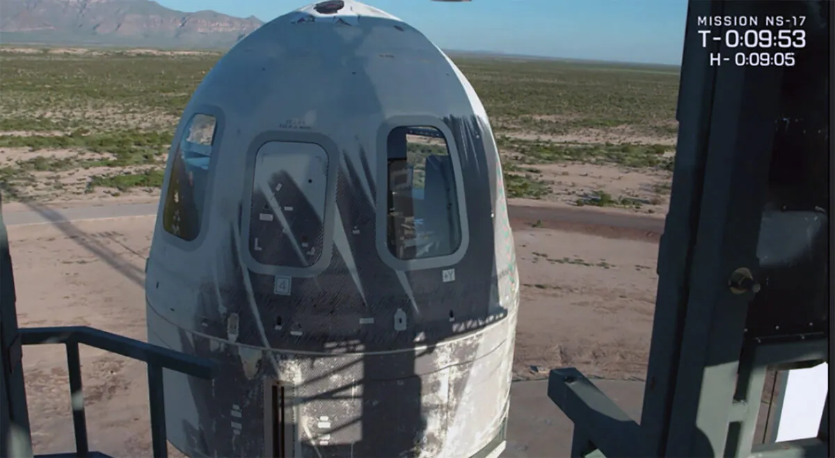 This photo taken from video provided by Blue Origin shows the capsule prior to launch of the New Shepard rocket in West Texas, Texas, on Aug. 26, 2021. (Blue Origin/via AP)