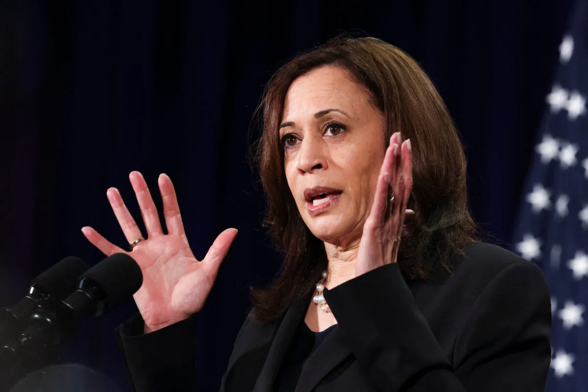 U.S. Vice President Kamala Harris holds a press conference before departing Vietnam for the United States, following her first official visit to Asia, in Hanoi, Vietnam, on Aug. 26, 2021. (Evelyn Hockstein/POOL/AFP via Getty Images)