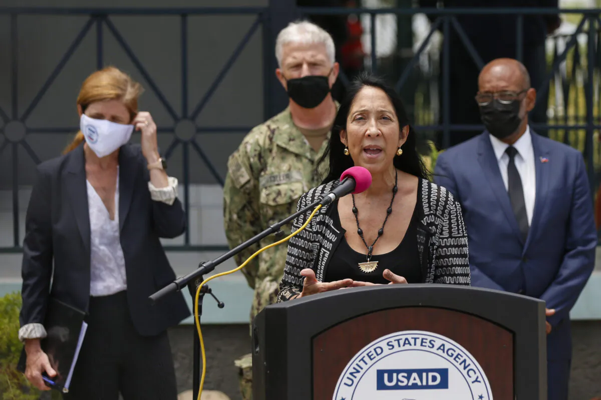 U.S. Ambassador to Haiti Michele Sison speaks during a joint press conference in Port-au-Prince, Haiti, on Aug. 26, 2021, two weeks after the 7.2 magnitude earthquake. Behind, from left are USAID Administrator Samantha Power, SOUTHCOM Commander Admiral Faller and Haitian Prime Minister Ariel Henry. (Joseph Odelyn/AP Photo)