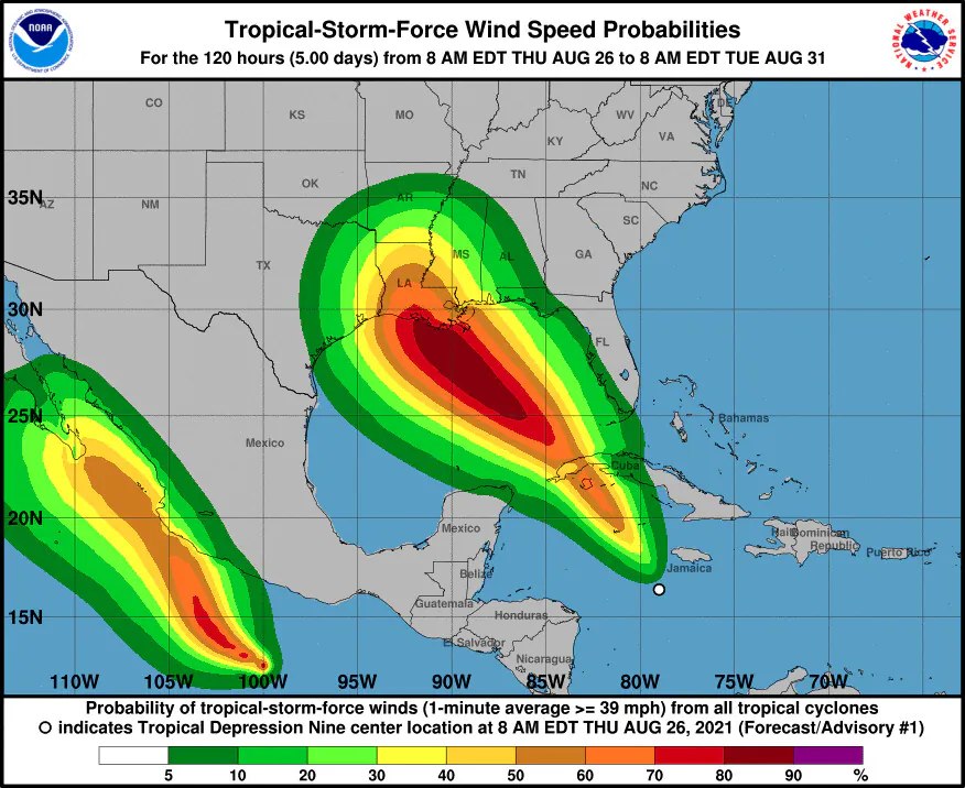 Tropical depression Nine wind speed possibilities as shown on the afternoon of Aug. 26, 2021. (NHC) 