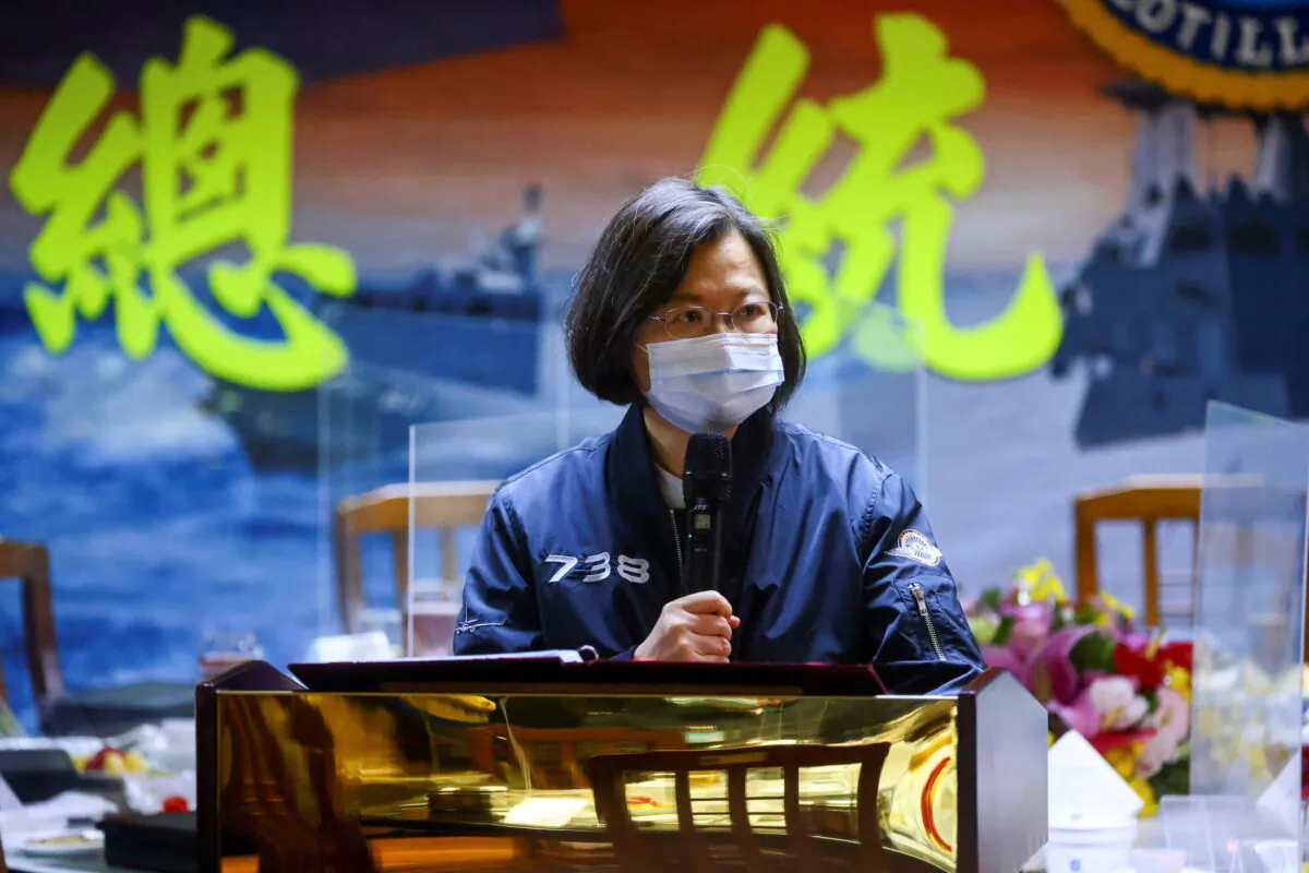 Taiwan's President Tsai Ing-wen gives a speech after visiting the Navy's 131st Fleet in Keelung, Taiwan, on March 8, 2021. (Ann Wang/Reuters)
