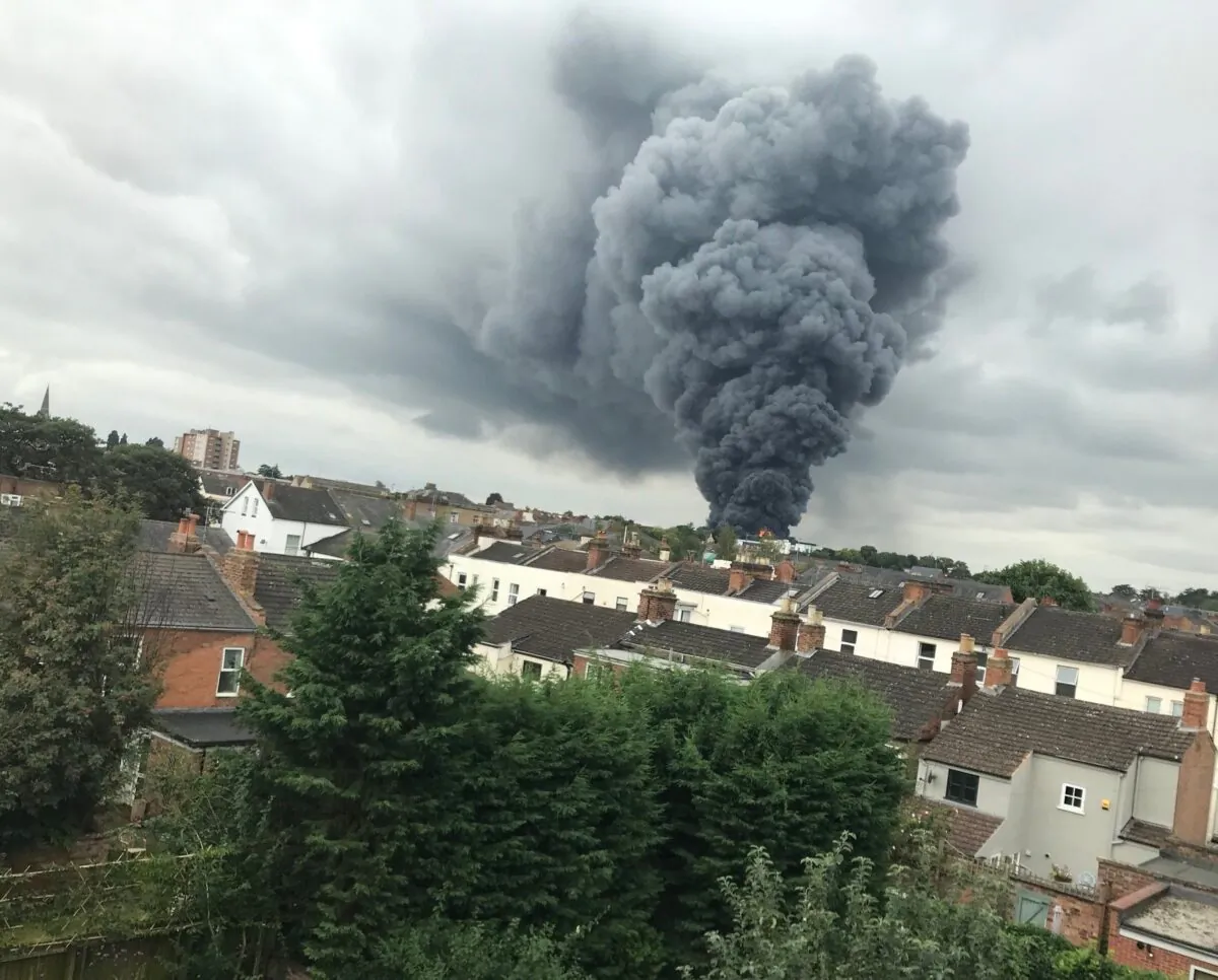 Huge plumes of smoke can be seen rising from a fire in Leamington Spa on Aug. 27, 2021. (West Midlands Ambulance Service/PA)