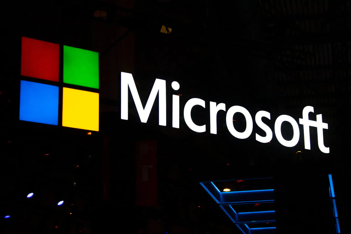A logo sits illumintated outside the Microsoft booth on day 2 of the GSMA Mobile World Congress 2019 in Barcelona, Spain, on Feb. 26, 2019. (David Ramos/Getty Images)