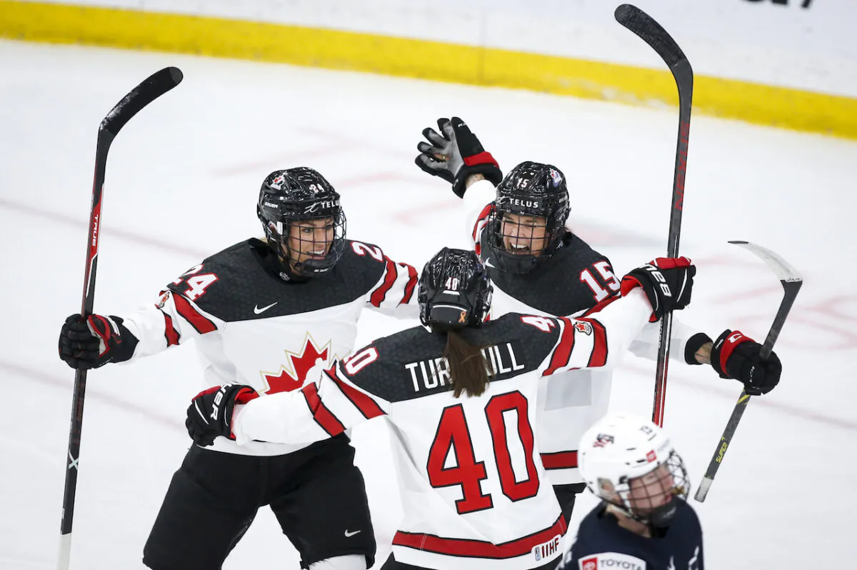 Canada's Melodie Daoust (R), celebrates her goal with teammates Natalie Spooner (L), and Blayre Turnbull during first period IIHF Women's World Championship hockey action against the United States in Calgary, on Aug. 26, 2021.(Jeff McIntosh/The Canada Press)